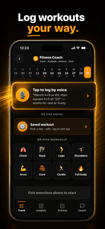 Fitness — log workouts by voice or tap